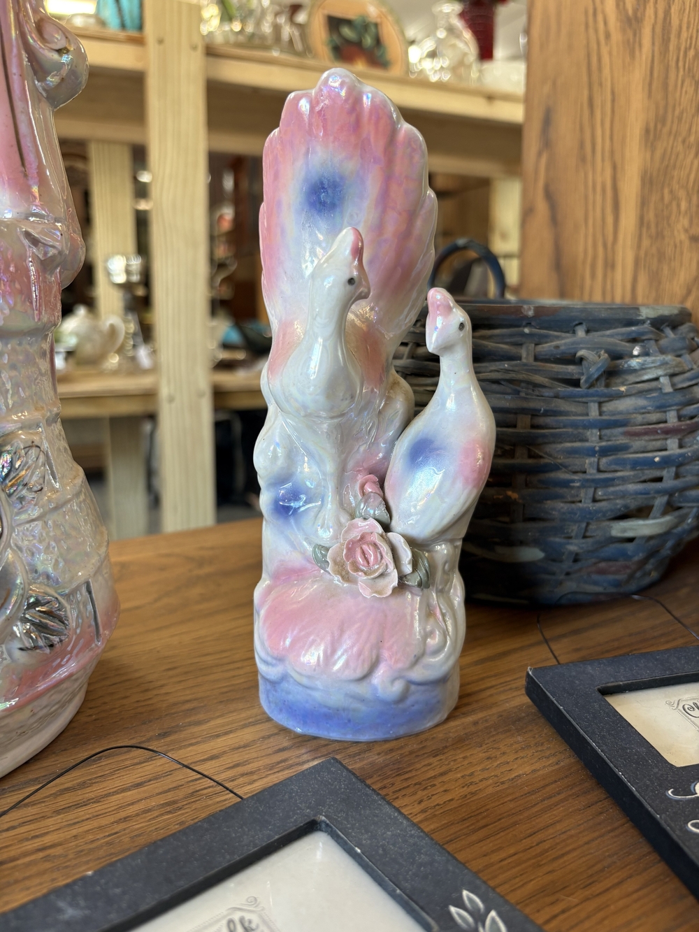 Iridescent Pink & Blue Ceramic Peacock Pair Figurine